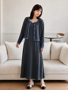 Yumoku Women's Colorblock Long Sleeve Single-Breasted Top And Dress Elegant 2 Pieces Set - Grey - View 4