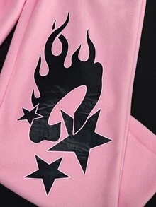 SuriyaCove Flame Star Print Pocket Loose Floor-Length Sweatpants - Pink - View 3