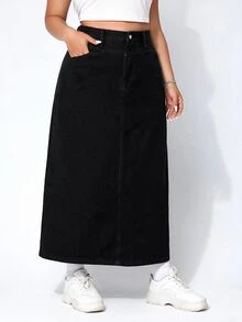 Rivivi Plus Size Casual Denim Skirt, Autumn - Black - View 4