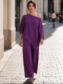 Editum Women's Asymmetrical Lace Patchwork One-Shoulder Top And Loose Pants 2 Pieces Set - Purple - View 6