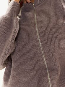 MUSERA Grey Knit Plus Size Funnel Neck Zip Detail Cardigan Casual Cool Basic Fall Winter Autumn - Grey - View 6