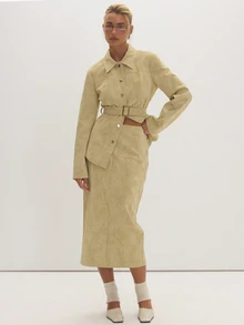 MUSEYN Rok Maxi Tekstur PU Warna Krem, Serbaguna untuk Sehari-hari, Kasual, Musim Gugur - Aprikot - View 1