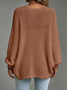 SHEIN 素色蝙蝠袖開襟衫開襟衫套裝夏季開襟衫女款開襟毛衣寬鬆開襟衫 - 鏽棕色 - 查看 2