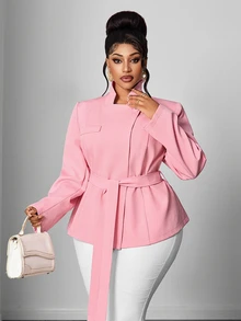 Maweii Plus Size Pink Casual Design Tie Waist Stand Collar Long Sleeve Commute Interview Business Blazer - Pink - View 4