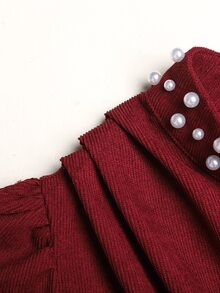 Tween女孩秋冬休閒日常通勤優雅立領不對稱泡泡長袖拼接抓皺大裙擺長洋裝 燈芯絨珠飾洋裝 酒紅色 萬聖節聖誕派對兒童洋裝 - 酒紅色 - 查看 4