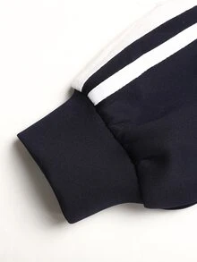 SHEIN Tween女孩休閒運動學院風拼色織帶Logo印花海軍藍立領夾克，百搭日常返校外套 - 藏蓝色 - 查看 6