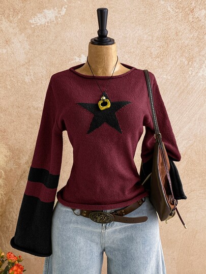 Soleia Suéter de punto jacquard de manga larga estilo vintage callejero talla grande para invierno