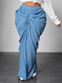 Maweii Plus Size Women's Solid Color Pleated Casual Versatile Everyday Skirt Fall - Baby Blue - View 1