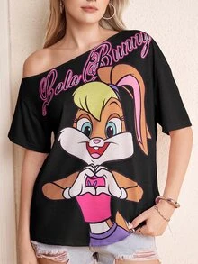 LOONEY TUNES X SHEIN 女款不對稱肩短袖休閒寬鬆T恤 - 黑色 - 查看 6