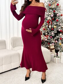 SHEIN Maternity Solid Color Off-Shoulder Casual Party Summer Dress - Red - View 2
