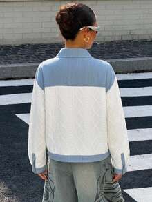 Livesso Women's Single-Breasted Colorblock Casual Daily Denim Jacket - Blue and White - View 2