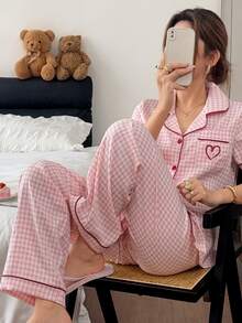 Napfluff Pink Plaid Print Pocket Heart Embroidery Pajama Set 2pcs - Multicolor - View 5