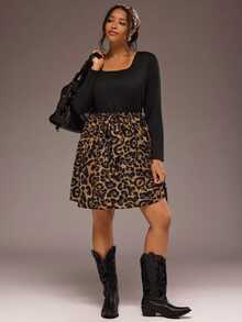 Freevana Leopard Print Tie-Waist Dress With Scoop Neck, Long Sleeves And Side Slit, Curvy-Friendly Staple Fall - Black - View 4