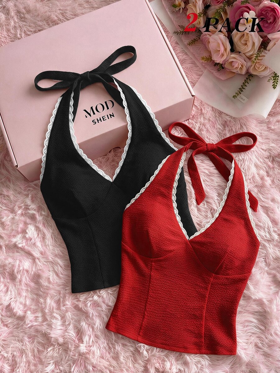 SHEIN MOD Women's Colorblock Casual Versatile Daily Wear Halter Neck Tops 2pcs Set - Red and Black - View 1