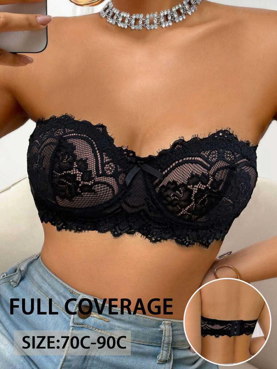 SHEIN 1件女款蕾絲鋼圈內衣 - 黑色 - 查看 1