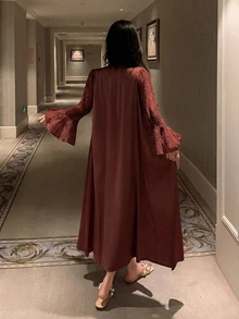 DAZY 夏季浪漫法式優雅緞面蕾絲拼接吊帶裙與晨袍套裝 女款睡衣 - 棕色 - 查看 2