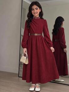 Tween女孩秋冬休閒日常通勤優雅立領不對稱泡泡長袖拼接抓皺大裙擺長洋裝 燈芯絨珠飾洋裝 酒紅色 萬聖節聖誕派對兒童洋裝 - 酒紅色 - 查看 1