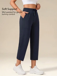 OutZeal Women Sports Pants Solid Color Yoga Casual Studio Natural Soft High Waist Straight Leg Cropped Active Bottom Summer Spring - Navy Blue - View 3