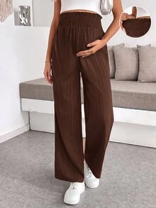 SHEIN Maternity Solid Color Waist Gathered Wide Leg Loose Long Pants - Coffee Brown - View 3