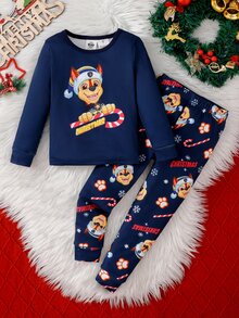 SHEIN | PAW Patrol 聖誕男孩聯名款修身睡衣套裝，可愛小狗與棒棒糖節日印花，柔軟舒適高彈薄款面料，長袖長褲 2 件式居家服 - 寶藍色 - 查看 8