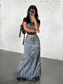 StreetHx Women's Sexy Design Button Frayed Hem Denim Skirt - Blue - View 3