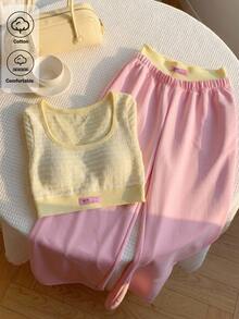 Comfortcana Women's Jacquard Cropped Denim Top And Contrast Pocket Long Pants 2 Pieces Set - Pink - View 8