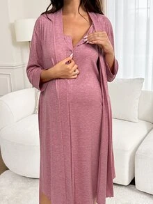 Slowluna Solid Color Long Sleeve Outer Robe And Flutter Sleeve Dress Clothing - Pink - View 3