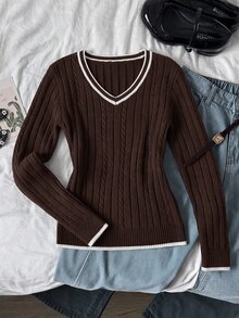 SHEIN 青少年女孩極簡純色V領長袖套頭毛衣，休閒日常穿著，秋冬長袖上衣，學院風V領長袖毛衣，復古V領毛衣，返校穿搭 - 棕色 - 查看 2