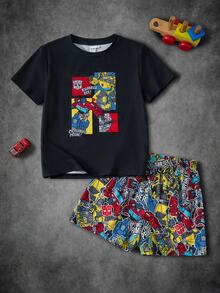 Transformers X SHEIN Tween Boy Crew Neck Letter Print Short Sleeve Top And Shorts Casual Daily Home Pajama Set - Black - View 1