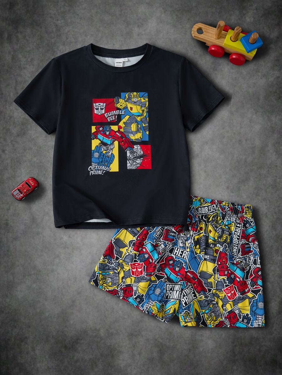 Transformers X SHEIN Tween Boy Crew Neck Letter Print Short Sleeve Top And Shorts Casual Daily Home Pajama Set - Black - View 1
