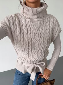 Firerie Women's Cable Knit High Neck Knotted Waist Casual Vest - Apricot - View 8