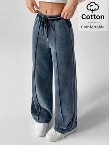 SHEIN PETITE Snow-Washed Women's Drawstring Wide Leg Sweatpants - Blue - View 8