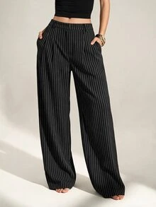 SHEIN Tall 女款韓式條紋口袋寬鬆長褲，適合商務辦公 - 黑色 - 查看 9