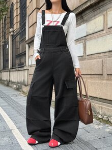 SHEIN Women's Casual Daily Denim Overalls With Pockets - Black - View 7