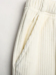 SHEIN 兒童青少年女孩秋冬休閒街頭時尚針織羅紋保暖內裡加厚連帽拉鍊外套配貼袋與直筒長褲 2件套，適合返校與日常穿著 - 白色 - 查看 5
