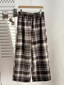 SHEIN EZwear Desain Minimalis Modis, Kain Bertekstur Kotak-kotak Unik, Serbaguna untuk Komuter, Gaya Kasual Prancis Chic Musim Gugur/Dingin, Celana Panjang Wanita Potongan Lurus Slim Fit Terbaru - MultiWarna - View 2