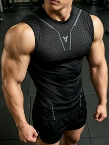 RISE LYT 男士牛頭印花日常健身運動背心 - 黑色 - 查看 4