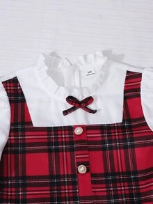 SHEIN 女童學院風 2-in-1 紅色格紋印花洋裝，長袖荷葉領優雅連身裙，厚格紋布料，適合秋冬、聖誕節、舞會、派對、開學及其他場合 - 紅色 - 查看 4