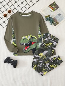 SHEIN 大童男孩恐龍圖案圓領長袖上衣與長褲休閒舒適修身居家睡衣套裝 2件組 - 彩色 - 查看 1