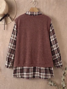 Rusticease Plus Size Vintage Elegant Casual 90s Kawaii Plaid Patchwork Long Sleeve 2 In 1 Shirt Autumn Thanksgiving Teacher Birthday Formal Graduation Brown - Brown - View 2
