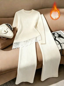 GlowEve Fall Clothes FOR WomenWomen's Autumn/Winter Casual Lace Patchwork Top & Pants 2 Pieces Set - Apricot - View 4