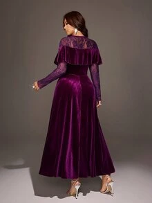 Viva Relle European And American Plus Size Velvet Dress With Ruffle Hem, Cold Shoulder Lace Long Sleeve, Cinched Waist A-Line Dress, Party Formal Evening Gown - Purple - View 6