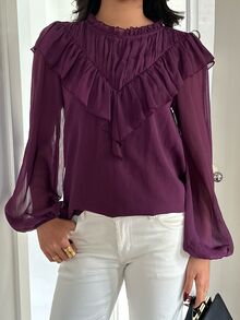 Aloruh Blus Wanita Model A-Line Berkerut dengan Kerah Bulat dan Lengan Kelopak, Motif Boho Ungu Tua, Motif Liburan, dan Hiasan Pagar. - Red Violet - View 4