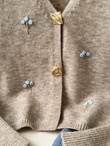Feyla Plus Size Embroidered Metal Button Long Sleeve Knit Cardigan - Khaki - View 6