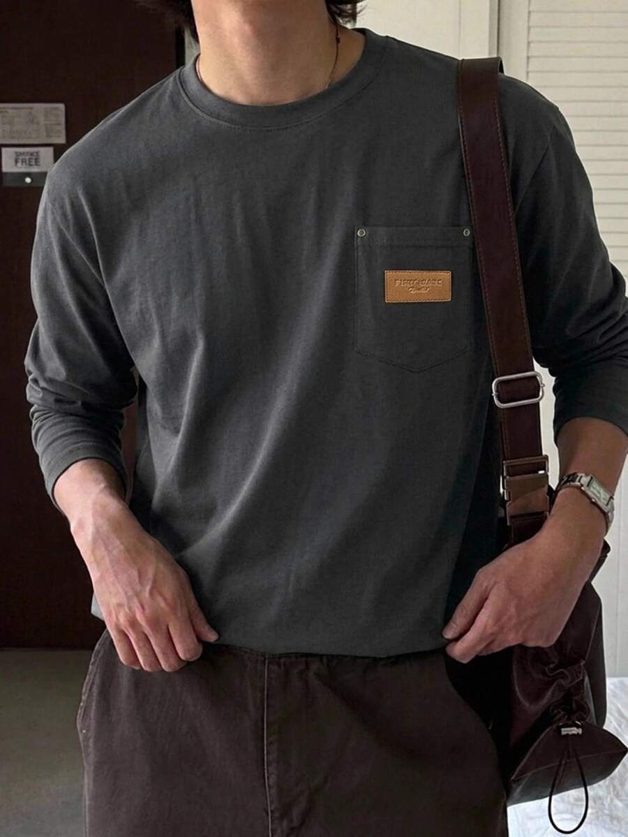 DAZY Men's Spring/Autumn Long Sleeve Knitted Fabric Crew Neck T-Shirt With Chest Pocket And Patch Design, Base Layer And Outerwear - Dark Grey - View 1