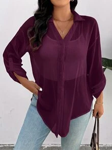 SHEIN Frenchy Women's Plus Size Dark Green Chiffon Blouse, Loose Semi-Sheer Shirt, Casual Elegant Sexy, 2025 Spring/Summer Brunch Going Out Night - Purple - View 2