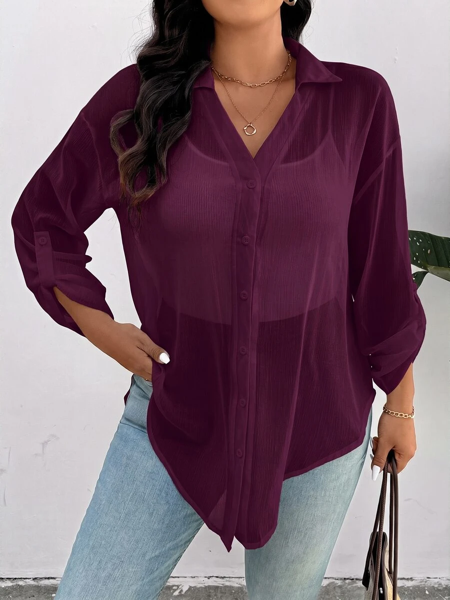 SHEIN Frenchy Women's Plus Size Dark Green Chiffon Blouse, Loose Semi-Sheer Shirt, Casual Elegant Sexy, 2025 Spring/Summer Brunch Going Out Night
