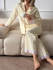 DAZY Women's Colorblock Long Sleeve Top And Pants Casual Daily Home Sleepwear Set - Beige - View 10