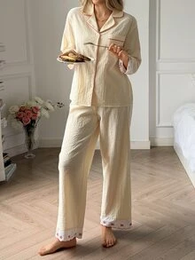 DAZY Women's Colorblock Long Sleeve Top And Pants Casual Daily Home Sleepwear Set - Beige - View 12