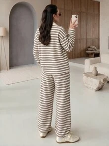 Mulvari Women's Striped Colorblock Long Sleeve Top And Pants Casual Daily Set - Apricot - View 2